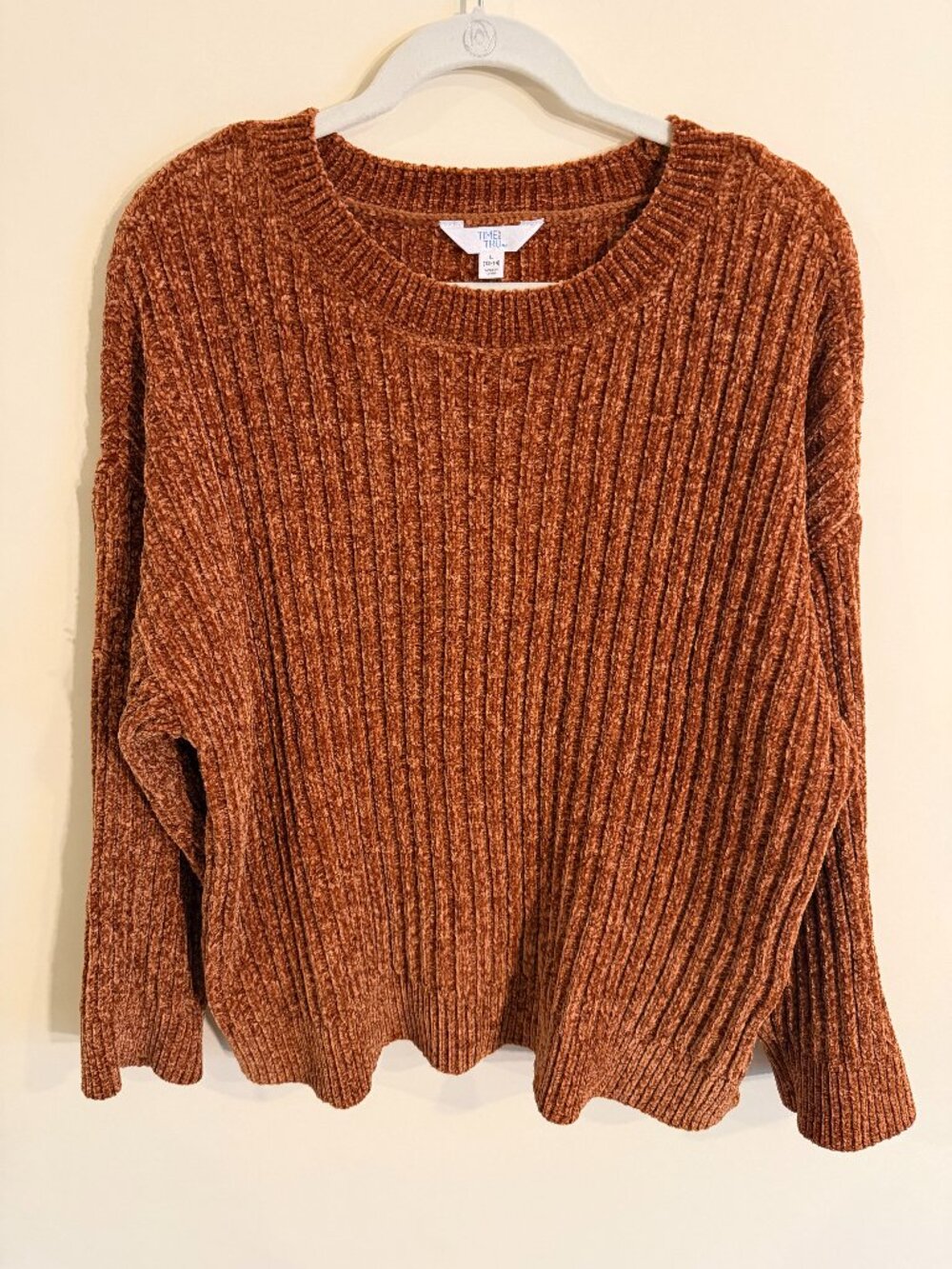 Time and Tru Ribbed Chenille Crewneck Sweater Rust Orange Size L 12-14